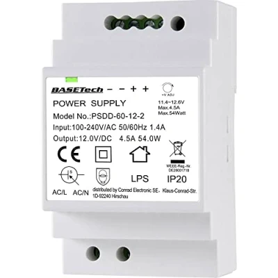 Immagine di Basetech PSDD 60 12 2 Alimentatore per guida DIN V 4.5 A 54 W Num. uscite:2 x Contenuto 1 pz.