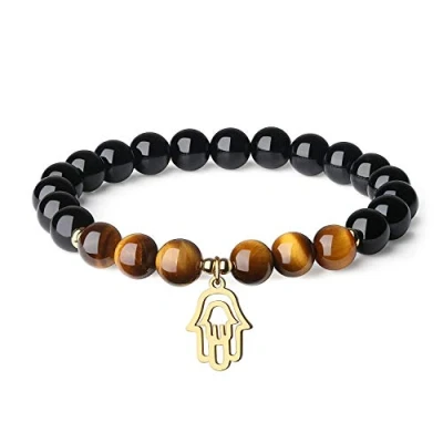 Immagine di COAI Bracciale Mano Hamsa con Tormalina Nera e Occhio di Tigre Marrone, Unisex Amuleto Fatima Pietre Benefiche