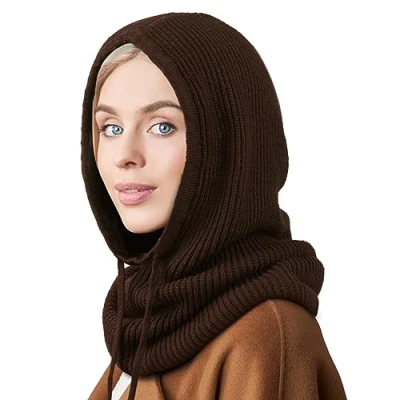 Immagine di DRESHOW Cappelli Invernali per le Donna Balaclava Knit Beanie Skull Cap con Coulisse Caldo Cappuccio Sciarpa Cappello