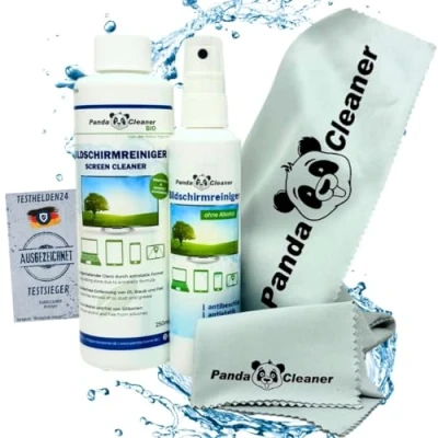Immagine di PandaCleaner spray detergente per schermo senza alcool, flacone da 100 ml con di ricarica 250 e 2 panni in microfibra 15 x cm 30 40