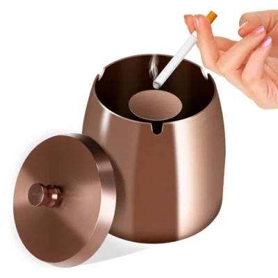 Immagine di Litimkat Posacenere, Posacenere da Esterno, con Coperchio, Base Antiscivolo in Acciaio Inossidabile, Adatto per Casa, Ufficio, Scrivania, Patio, Balcone Esterno (Oro Rosa)