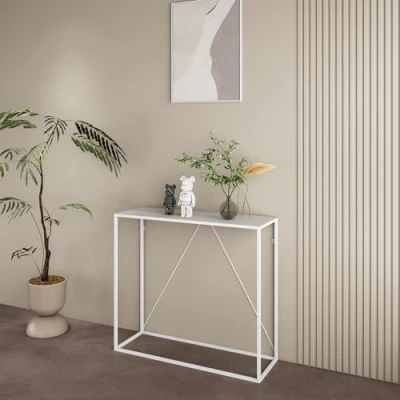 Immagine di [en.casa] Tavolo a Consolle in Acciaio Mobile da Ingresso Corridoio 90 x 30 80 cm Stretto con Telaio Rettangolare e Piano di Appoggio Bianco