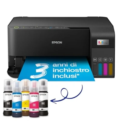 Immagine di Epson EcoTank ET 2830 Stampante Multifunzione 3 in 1 A4, Serbatoi Ricaricabili Alta Capacità, 5 Flaconi Inclusi pari a 6600pag B/N 5900pag Colore, Display LCD USB Wi Fi/Direct, Nero