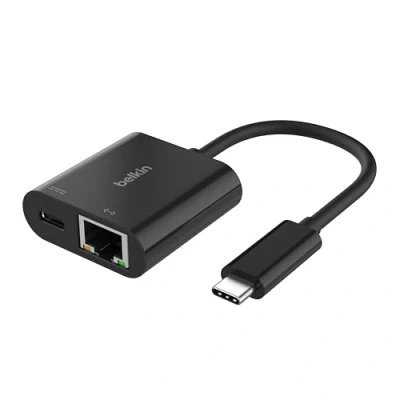 Immagine di Belkin Connect Adattatore da USB C a Ethernet + ricarica 100 W, Gigabit Ethernet, C, 10/100/1.000 Mbps per una connessione Internet rapida, compatibile con iPhone 15, Samsung Galaxy S24 e altri