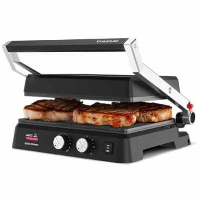 Immagine di Taurus Grill Bistro 2600 W 2 in 1: e ferro 29 x 23 cm Piastre con sistema Stair Dual Heat Tech Rivestimento antiaderente senza PFOA Vassoio raccogli rasas Timer fino a 30 minuti