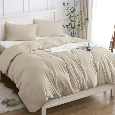 Immagine di Copripiumino Una Piazza e Mezza 100% Cotone 200x200 (2 Federe 50x80), Set in Premium 150GSM OEKO TEX, Morbida, Traspirante, Ipoallergenica Beige