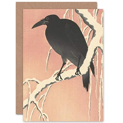 Immagine di Ohara Koson Crow On Snowy Branch Japanese Painting Fine Art Greeting Card Plus Envelope Blank Inside Neve giapponese Pittura