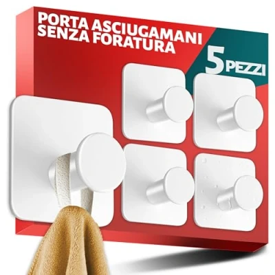 Immagine di Menz SET DI 5 ganci adesivi bagno appendi porta asciugamani inox, acciaio accappatoio bagno, colore: bianco