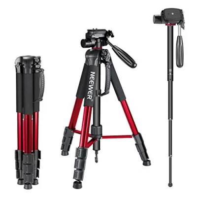 Immagine di NEEWER Treppiede monopiede portatile in lega di alluminio con testa pan girevole a 3 vie, borsa da transporto per fotocamera e video camcorder, Rosso (red), 177 cm