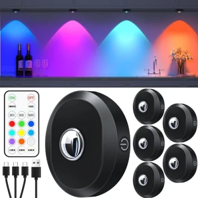 Immagine di WILLED RGB Luce LED Vetrina Ricaricabile, Luci Armadio con Telecomando, Multicolore, Funzione Temporizzazione, per Sotto Armadi e (confezione da 6)