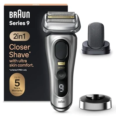 Immagine di Braun Series 9 PRO +, Rasoio Elettrico Barba Rifinitore di precisione, Custodia da Viaggio in tessuto, Batteria Litio Ion, 100% Impermeabile Idea Regalo, 9557s Argento