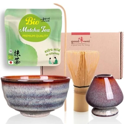 Immagine di Goodwei Matcha Set Tè Vert BIO Giapponese con Frusta di Bambù, Tazza e Portafrusta in Ceramica, Ciotola Artistica Confezione Regalo (Uji)