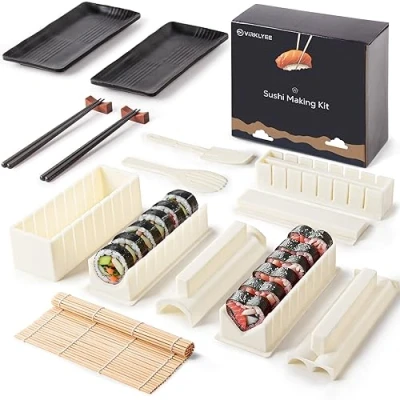 Immagine di Virklyee sushi Maker set 17 PCS DIY Making Tools Principianti Facile 8 Stampi, Forchetta e Spatola,Bacchette, piatti, Un adatto agli amanti del (Bianco)