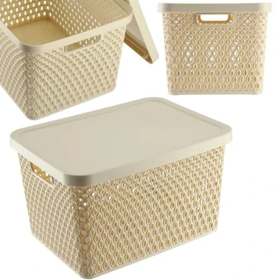 Immagine di KADAX Cesto portaoggetti con coperchio, contenitore in plastica, fori di ventilazione (18 l, beige)