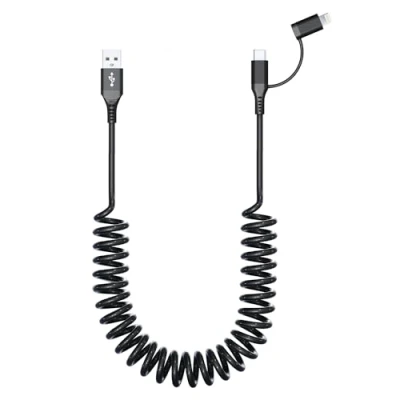 Immagine di Cavo Lighning e USB C a Spirale, MFi Certificato Carplay Android Auto, 15 Retrattile con Trasmissione Dati, Corto per Auto compatibile Apple iPhone 15/14/13/X/Android