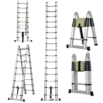 Immagine di 5M Scala Alluminio Telescopica Pieghevole(2.5M+2.5M), Portable Estensione Retrattile per Soppalco Esterno, Scaletta Pieghevole Multiuso 16 Gradini, Norme EN131, Capacità 150kg