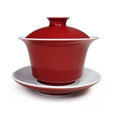 Immagine di Porcellana Gaiwan Tazza da tè smaltata bianca, 150 ml, con coperchio e piattino, colore: Rosso
