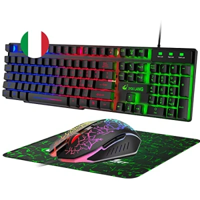 Immagine di LexonElec T13 Nero IT Layout QWERTY Tastiera e Mouse da Gioco, USB Cablato Retroilluminato LED RGB Arcobaleno 19 Tasti non conflittuali, 6 2400 DPI colorato Mouse, per Laptop PC Linux PS4 Xbox