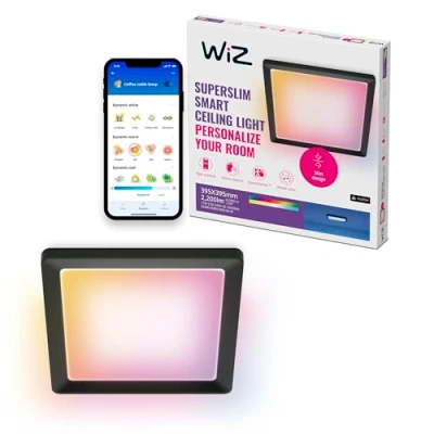 Immagine di WiZ Smart Ceiling Panel Light Design sottile e squadrato, dimensioni multiple, controllo vocale/app, programmazione, Google Home, Amazon Alexa Apple HomeKit, illuminazione interna, nero/bianco