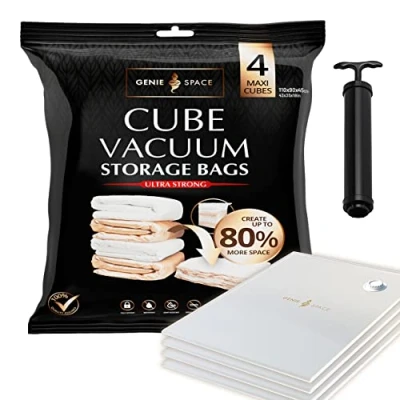 Immagine di GENIE SPACE Sacchetti sottovuoto salvaspazio Premium incredibilmente robusti 4 x MAXI (110x90x45cm) Ermetici e riutilizzabili Guadagna l&#039;80% di spazio Vestiti, asciugamani, altro..
