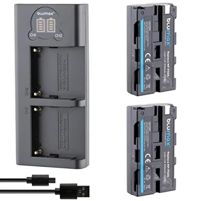 Immagine di Blumax 2 batterie NP F550 / F750 3500 mAh LG celle + doppio caricatore LCD compatibile con Sony F570 F530 per flash, luci video, monitor di campo