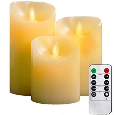 Immagine di Candele Senza Fiamma, Φ 8CM x H 10cm/12CM/15CM Set di 3 pilastri Real Wax Non in plastica, Telecomando a 10 Tasti con Funzione Timer 2/4/6/8 Ore, 300+ oreYIWER (3, Avorio)