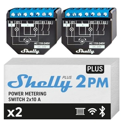 Immagine di Shelly Plus 2PM 2 Pezzi, Relè Interrutore con misurazione di consumo, canali 16A, Wi Fi e Bluetooth, Per tapperelle, serrande, persiane, Compatibile Alexa Google Home, App iOS Android