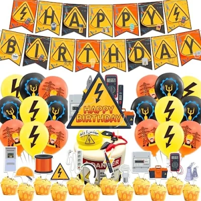 Immagine di Decorazioni per feste elettriche, elettricisti, a tema, include Happy Birthday Banner torte, topper cupcake, palloncini elettriche