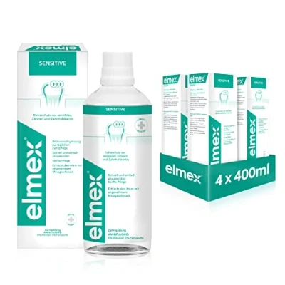Immagine di elmex Lavaggio dentale sensibile, 4 x 400 ml Il collutorio offre una protezione extra contro i denti sensibili al dolore, senza alcol