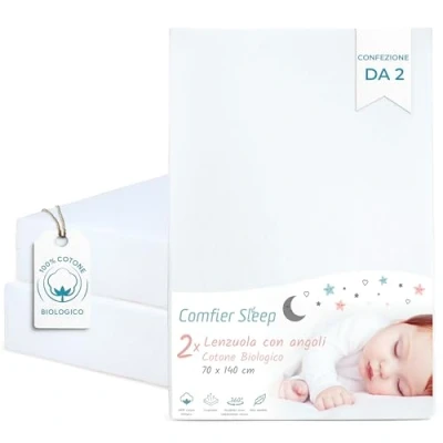Immagine di Lenzuola Lettino 70 X 140 cm 100% Cotone Biológico Set Di 2 Bianco Culla Ultra Morbide E Comode Per Il Tuo Bambino
