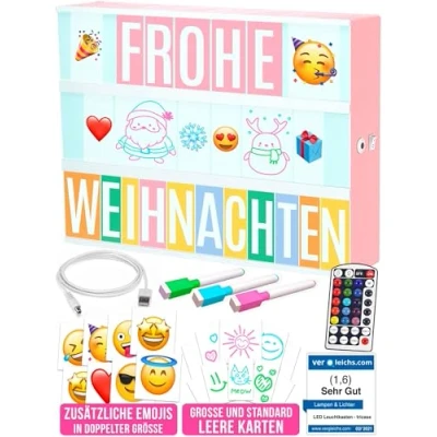 Immagine di Vincitore del test, scatola luminosa a LED con lettere, formato A4, cambio colore, set MEGA 173 85 emoji colorati, cavo USB da 1,5 m, telecomando dimmer, regalo perfetto