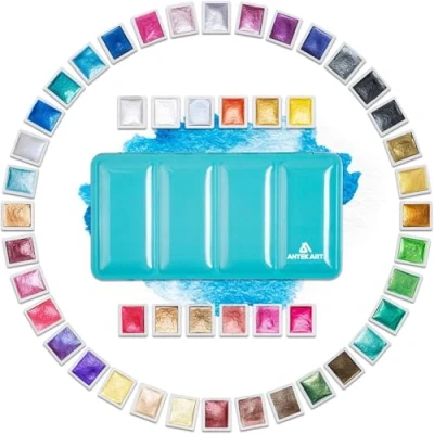 Immagine di ANTEK ART Acquerello Metallizzato, Set di Colori Acquerelli Metallici Glitterati in Custodia Metallica Portatile con Tavolozza, per Artisti, Pittori (48 colori)