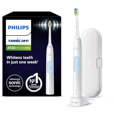 Immagine di Philips Sonicare ProtectiveClean 4500 spazzolino elettrico, sonico con 2 modalità di spazzolamento, Clean e White, sensore pressione, timer custodia da viaggio, bianco, modello HX6839/28