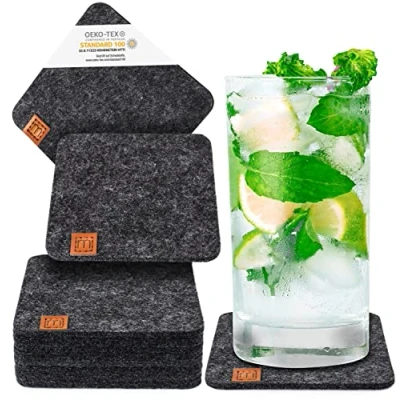 Immagine di MIQIO® Design Sottobicchieri in Feltro Stile Scandi con Applicazione Pelle Set da 10 (lavabile)