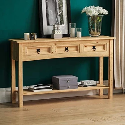 Immagine di Home Discount Consolle Corona, con 3 cassetti e un ripiano, in legno di pino massiccio, mobile messicano
