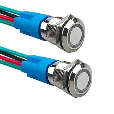 Immagine di Aiqeer 2 Pezzi 12 mm Interruttore a Pulsante Momentaneo, 12V / 24V 3A di Accensione per Auto, in Metallo con Presa Precablata (LED Bianco)