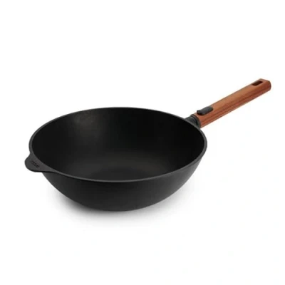Immagine di Woll Eco Logic QXR Wok induttivo, Ø 28 cm, altezza 10 con manico in legno sostenibile rimovibile, adatto per tutti i piani cottura, senza PFAS, rivestimento antiaderente, alluminio