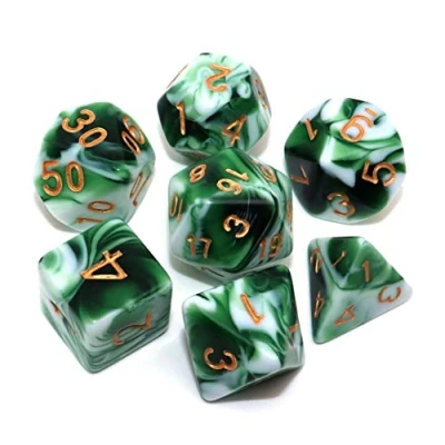 Immagine di CREEBUY, set di dadi poliedrici bianchi e verdi per dungeon dragons, D&amp;D pathfinder, 7 giochi ruolo