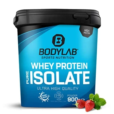Immagine di Whey Protein Isolate Fragola 900g Bodylab24, proteine in polvere a base di siero latte isolato, grado favorire la costruzione muscolare, senza aspartame