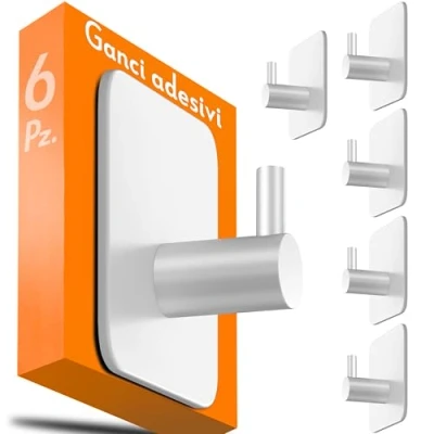 Immagine di 4smile ganci adesivi bagno 6 pz., bianco Appendi accappatoio bagno, pratici acciaio inox porta asciugamani, design classico