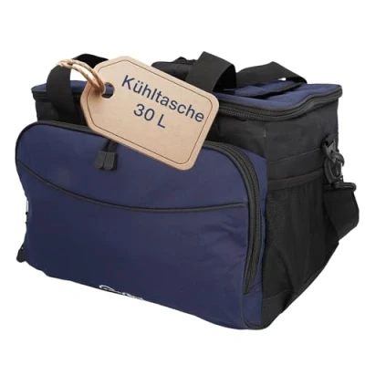 Immagine di Cartrend Borsa termica 30 L con cavo di collegamento auto 12 V 1,50 m lunghezza, tracolla regolabile, grande tasca frontale cerniera e 2 reti laterali, rivestimento interno facile da pulire