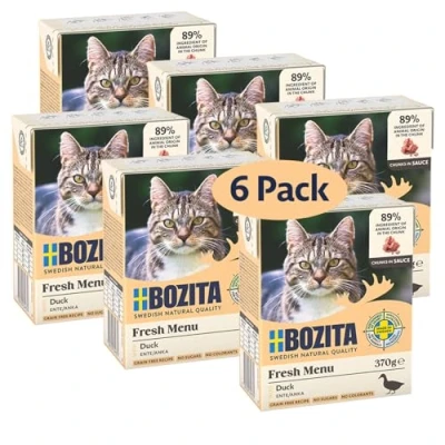 Immagine di Bozita Alimenti umidi per gatti in salsa con anatra, confezione da 6 pezzi 370 g, ottimo cibo senza cereali e zucchero, 7,5% di proteine 5% grassi,
