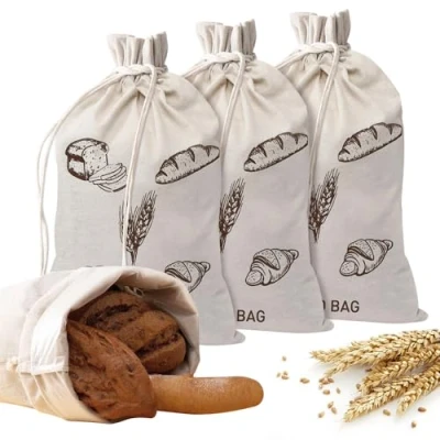 Immagine di YBCCBY 4 Pz Sacchetti per Pane in Lino Foderati Plastica,Sacchetto Portapane con Coulisse da 40 x 30 cm,Borsa degli Alimenti,Sacchetto di Stoffa Pane,Frutta e Verdura