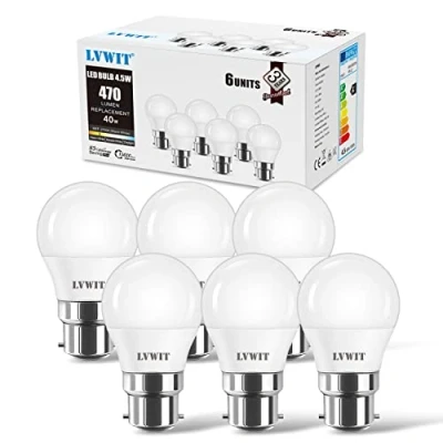 Immagine di B22 LED Light Bulbs, LVWIT 470Lm G45 5W Equivalent 40W, 2700K Warm White, Non Dimmable Bulb 6 Packs