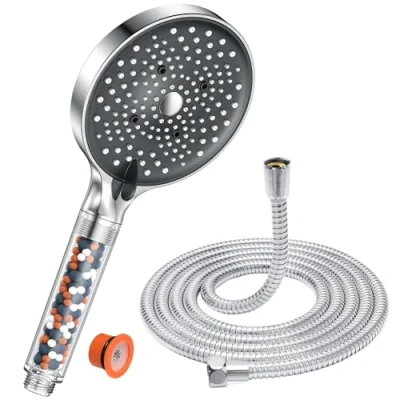 Immagine di soffione doccia con tubo 1,6M, anticalcare, YEAUPE PRO alta pressione risparmio idrico, grande (130 mm) 6 tipi di getto, cromato