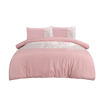Immagine di Sleepdown Set di biancheria da letto con copripiumino e federe, bordo in velluto rosa cipria, morbido comodo, per super king size (260 x 230 cm)