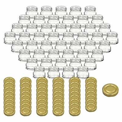 Immagine di gouveo Set di 48 vasetti per conserva 30 ml mini con coperchio a vite oro conservazione tappo TO43 rotondi conserve, marmellata, spezie (EGR030G)