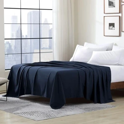 Immagine di Cathay Luxury Silky Soft Polyester Single Flat Sheet, Navy Blue, Completo