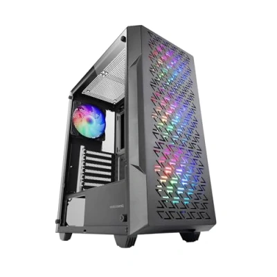 Immagine di MARSGAMING MC GEO, Case Gaming ATX, 4x Ventole FRGB Rainbow 12cm, Pannello Frontale Mesh Geometrico, Finestra Laterale Vetro Temperato, Semitorre Doppia Camera, Supporto Raffreddamento Liquido, Nero