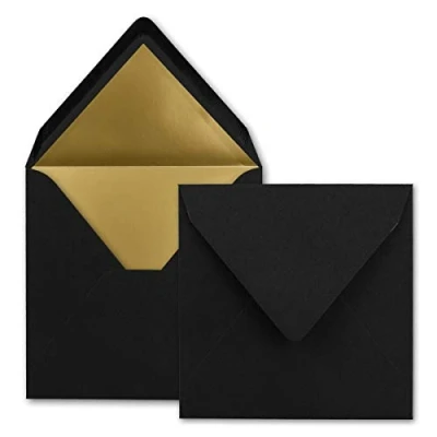 Immagine di 50x buste quadrate 15,5 x cm Colore: nero foderato con carta metallizzata oro Incollaggio a umido per inviti e saluti cari